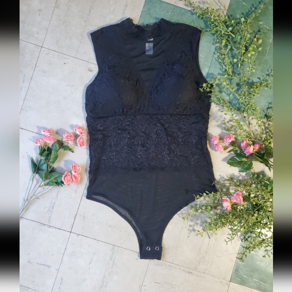 Sheer Black Lace Bodysuit Lingerie High Neck